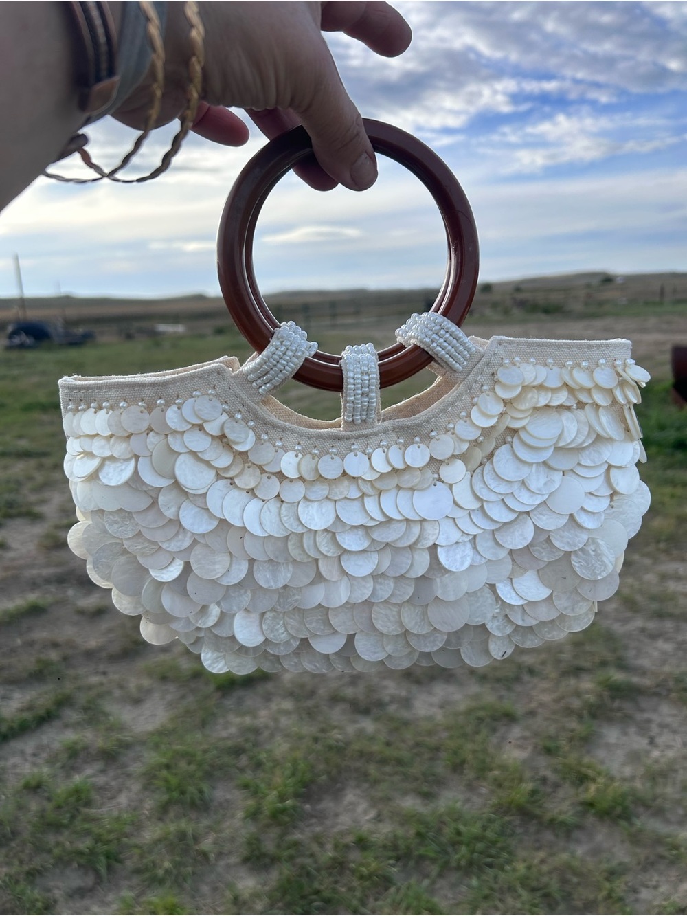 Cream Sequin Shell Wristlet with Brown Ring Handles
